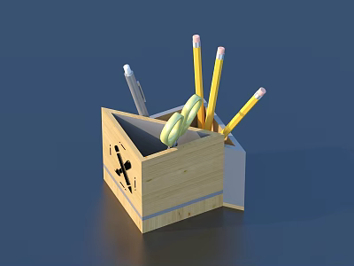 Wooden Pen Holder With Yellow Pencils Gray Pen And Green Rubber Band 3d model