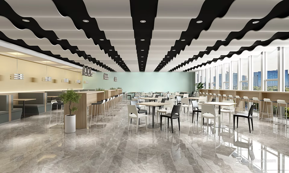 Modern Restaurant Interior Design With Open Layout Tables Chairs And Large Windows 3d model 