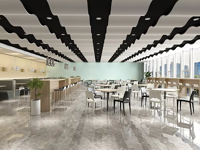 Modern Restaurant Interior Design With Open Layout Tables Chairs And Large Windows 3d model