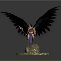 Man With Large Black Wings Holding Spear Standing On Stone Base