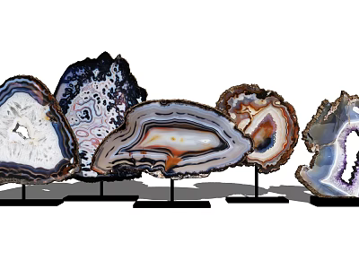 Colorful Agate Slices Decorative Ornament Set With Black Stands And Varied Textures 3d model