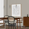 Modern Restaurant Interior With Wooden Dining Table Chairs Decorative Painting Hanging Lights And Plants