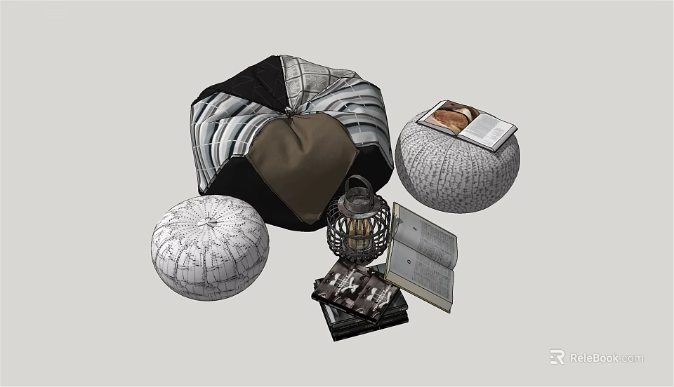 Stylish Round Poufs With Striped And Woven Textures Alongside Lantern And Books 3d model 
