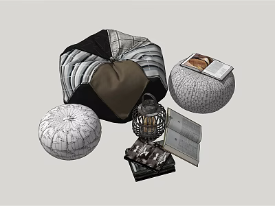 Stylish Round Poufs With Striped And Woven Textures Alongside Lantern And Books 3d model