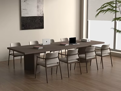 Wooden Conference Table With Chairs Laptop And Documents In Modern Office With Natural Light 3d model