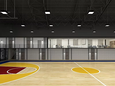 Indoor Basketball Gymnasium With Wooden Floor Yellow Red Markings And Ceiling Lights 3d model