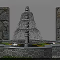 Multi Tiered Stone Fountain As Garden Water Feature With Water Lilies Lotus Leaves And Grass
