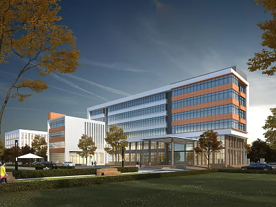 Modern Office Building With Glass Curtain Wall And Landscaped Garden Surroundings 3d model