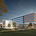 Modern Office Building With Glass Curtain Wall And Landscaped Garden Surroundings