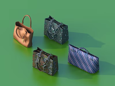 Fashionable Tote Handbags In Brown Dark Camouflage And Blue Patterns With Chain Details 3d model