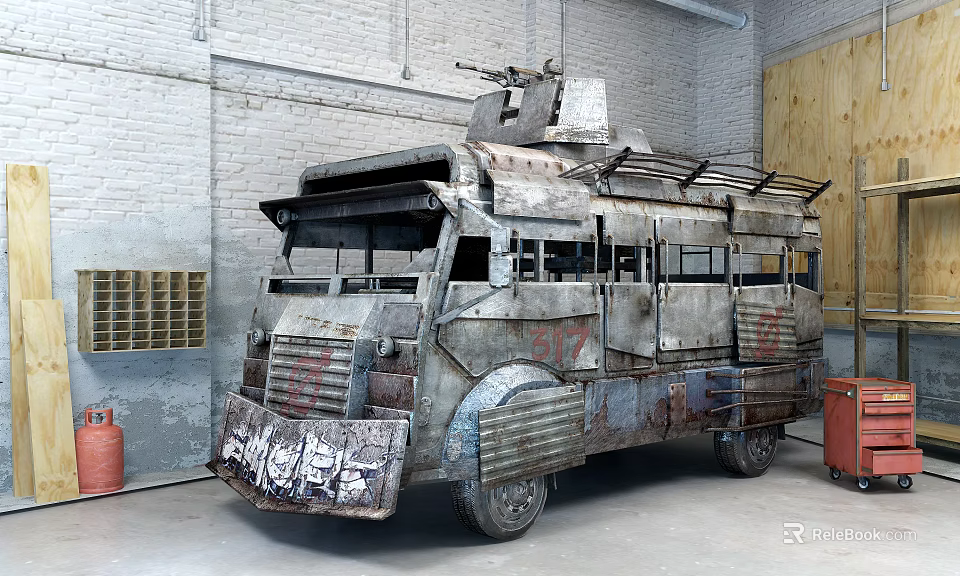 Rusty Armored Modified Car With Roof Weapon Metal Armor In Warehouse Brick Wall Setting 3d model 