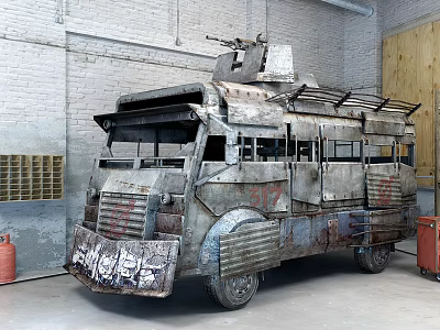 Rusty Armored Modified Car With Roof Weapon Metal Armor In Warehouse Brick Wall Setting 3d model