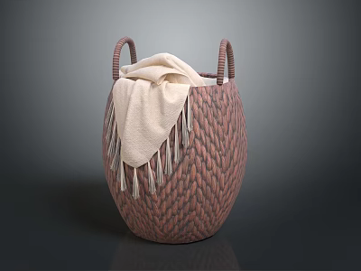Brown Woven Basket With Two Handles Holding Beige Blanket On Gray Background 3d model