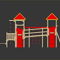 Wooden Children's Playground Structure With Red Slides Yellow Roofs Platforms And Climbing Nets