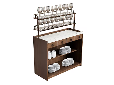 Modern Wooden Sideboard With Wine Glass Rack White Countertop Drawers And Open Shelves 3d model