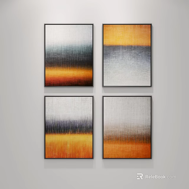 Four Abstract Paintings With Gradient Colors In Black Frames On Gray Wall 3d model
