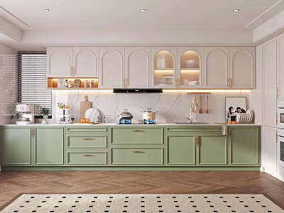 Green And White Kitchen Interior With Green Cabinets White Upper And Marble Countertop 3d model