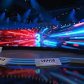 Tobacco and Alcohol Shop Event Stage with Blue Red Lighting and Large Screen Displaying 3