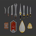 Assorted Weapons Collection Including Swords Daggers Shields With Colorful Decorative Designs