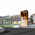 Modern Commercial Complex With Large Advertising Posters Street Parking Pedestrians And Greenery