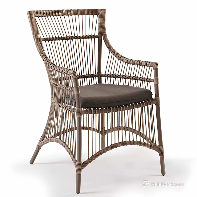 Rattan Leisure Chair With Armrests Dark Cushion And Handwoven Design For Comfortable Seating 3d model 