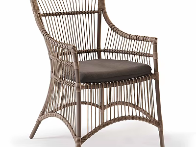 Rattan Leisure Chair With Armrests Dark Cushion And Handwoven Design For Comfortable Seating 3d model