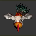 Vibrant Rooster With Red Comb Orange Throat White Body Green Red Tail Feathers Spread Wings