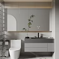 Sleek Modern Bathroom Set with Marble Countertop Wall Mirror Toilet Storage Cabinets and Potted Plant