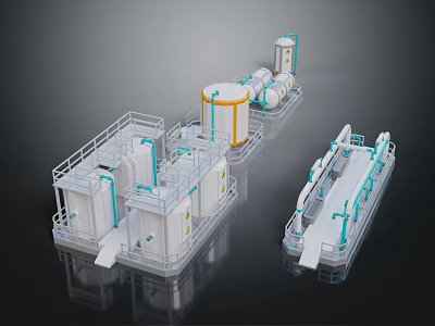 Industrial Production Line Machinery With White Blue Processing Units And Conveyor System 3d model