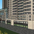 Modern Urban Commercial Street With High Rise Buildings Retail Shops Pedestrian Walkway And Greenery