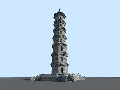 Traditional Stone Pagoda Featuring Multiple Tiers Windows Spire Base Platform and Stairs Ancient Chinese Style 3d model