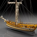 Detailed Sailing Ship Model With Multi Mast Rigging And Yellow White Hull Details