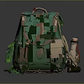 Green Outdoor Backpack With Brown Straps Pockets Small Bottles And Green Leaves Decoration