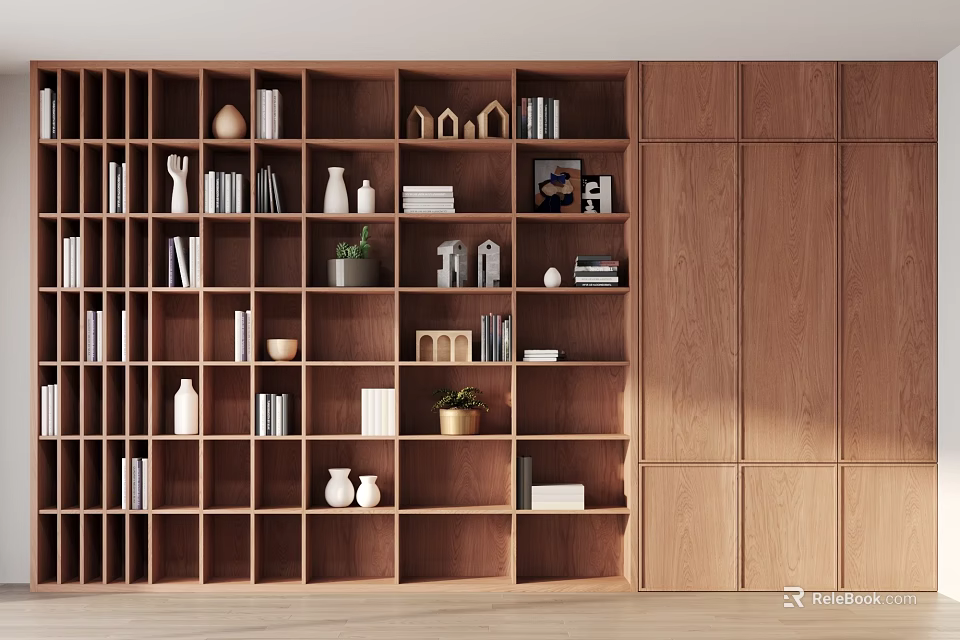 Wooden Bookcase with Multiple Shelves Books Decorations Small Ornaments Green Plants and Wooden Wall 3d model 