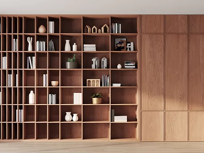 Wooden Bookcase with Multiple Shelves Books Decorations Small Ornaments Green Plants and Wooden Wall 3d model