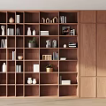 Wooden Bookcase with Multiple Shelves Books Decorations Small Ornaments Green Plants and Wooden Wall