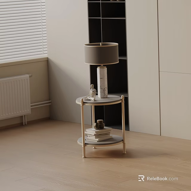 Modern Bedside Table With Metal Frame Round Top Table Lamp And Books 3d model