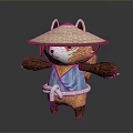 Cute Animal Character Wearing Straw Hat And Blue Striped Kimono