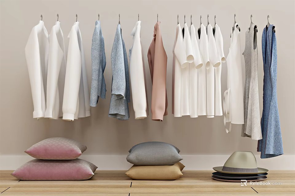 Clothes Hanging In Various Colors With Stacked Pillows And Hat Below 3d model