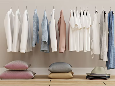 Clothes Hanging In Various Colors With Stacked Pillows And Hat Below 3d model Clothes Hanging In Various Colors With Stacked Pillows And Hat Below 3d model