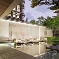 Garden Landscape With Glass Roof Outdoor Seating Water Feature And Red Maple Trees
