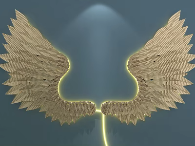 Golden Wing Shaped Wall Decor With Yellow Lighting Accent Against Blue Background Wall 3d model