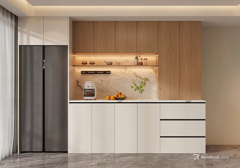 Modern Wine Cabinet Design With Wooden Doors And Interior Lighting In Kitchen 3d model 