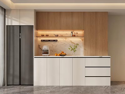 Modern Wine Cabinet Design With Wooden Doors And Interior Lighting In Kitchen 3d model