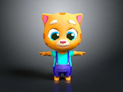 3D Cartoon Cat With Orange Body White Eyebrows Big Eyes And Blue Overalls Open Arms 3d model