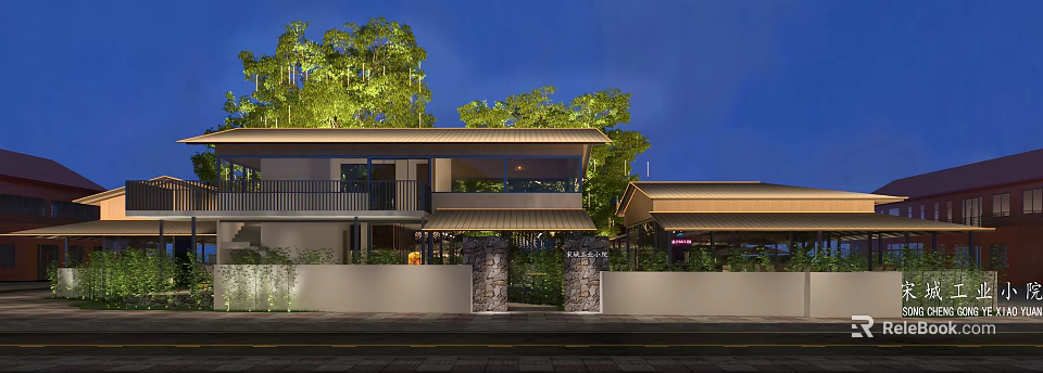 Modern House Exterior Night View With Trees Wall Gate Pillars And Balcony 3d model 