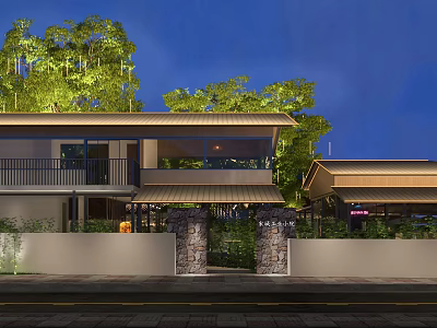 Modern House Exterior Night View With Trees Wall Gate Pillars And Balcony 3d model