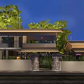 Modern House Exterior Night View With Trees Wall Gate Pillars And Balcony