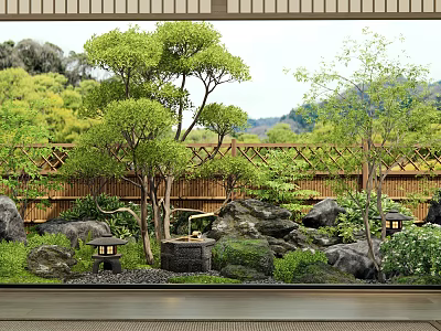 Traditional Japanese Garden With Stone Lanterns Bamboo Fence And Green Trees 3d model