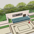 Stone Feature Wall Design With Water Feature Green Trees And Inscriptions 3d model